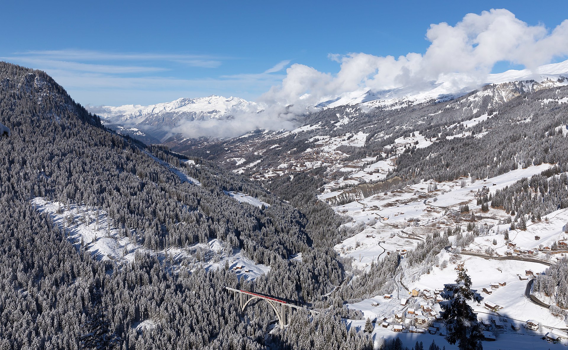 Swiss train mountain viaduct